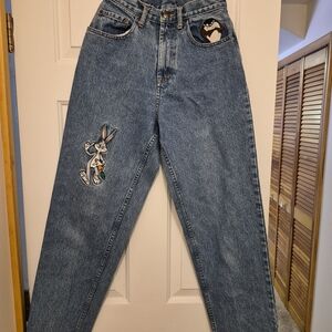 Vtg Warner Bros Classic Jeans 26x30 Blue Taz & Bugs Embroidered High Waist Tag 8